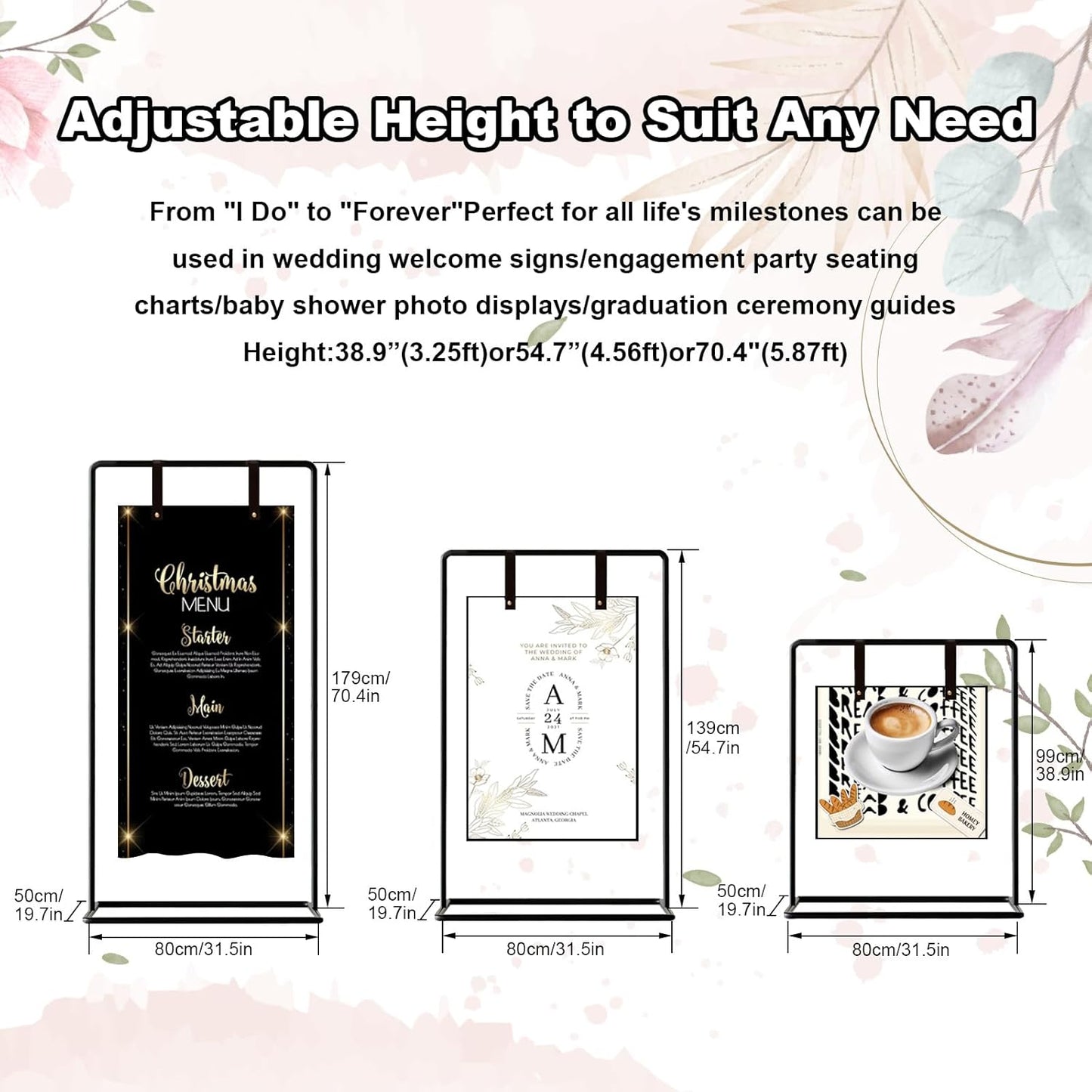 Wedding Welcome Sign Stand, 54" Adjustable Heavy Duty Metal Easel for Welcome Signs, Seating Charts & Posters - Display Holder for Wedding & Event Decor w/Leather Straps