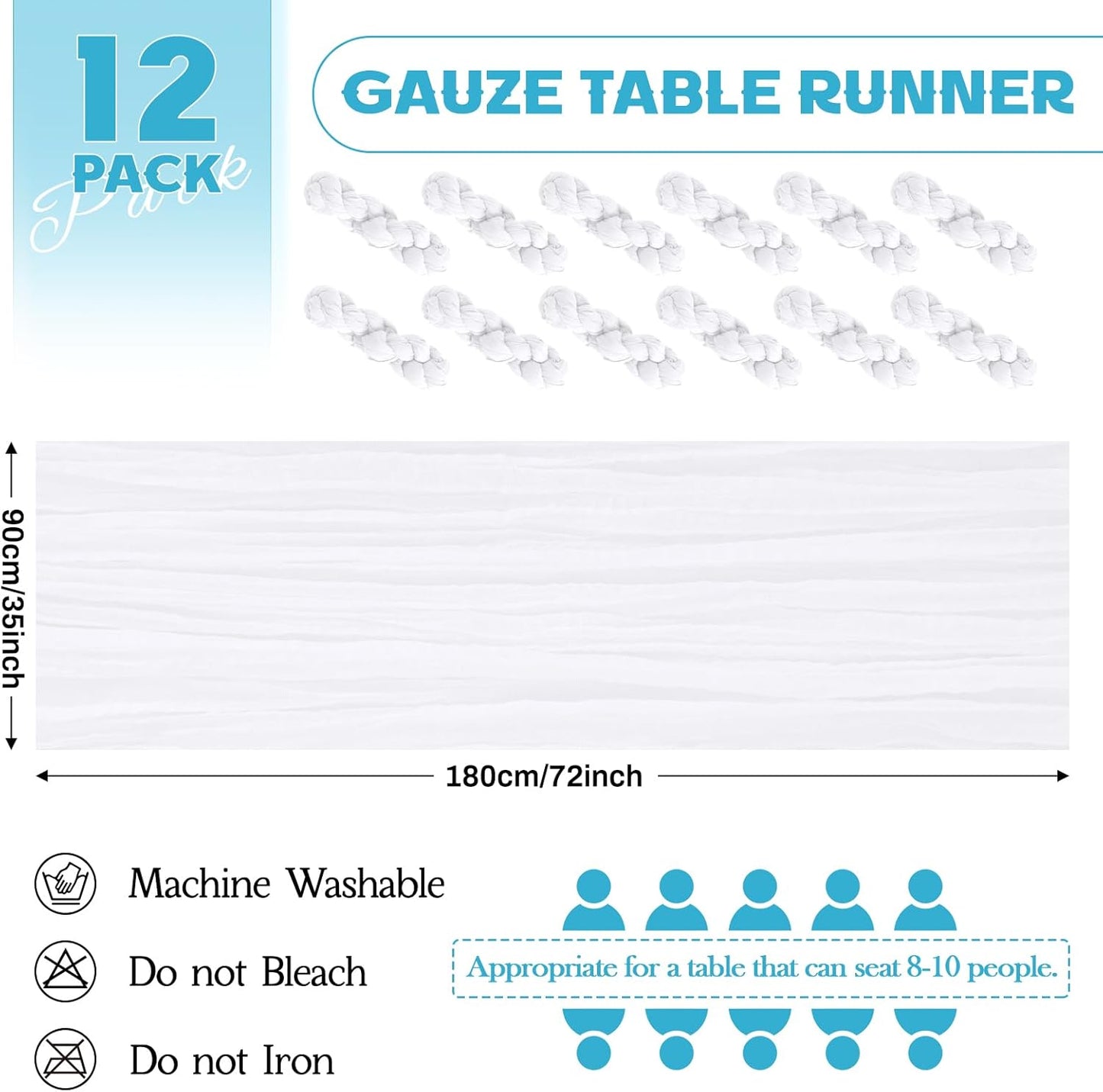 Aktor 12 Pack White Table Runner Boho Cheesecloth Table Runner Semi Sheer Gauze Fabric Runners for Wedding Birthday Baby Shower Party Boho Table Decoration（White）