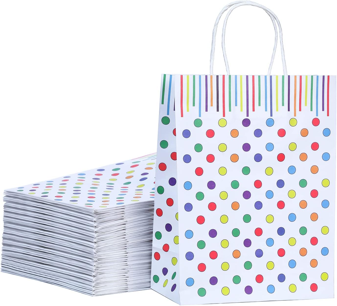 Bekoetoz 40 PCS White Kraft Paper Bags With Handles 8.3 * 5.9 * 3.1 Inch Bulk Gift Bags For Birthdays,Weddings,Baby Showers,Party Favor,Goodie Bags(Small,Dots)