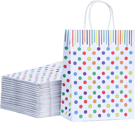 Bekoetoz 40 PCS White Kraft Paper Bags With Handles 8.3 * 5.9 * 3.1 Inch Bulk Gift Bags For Birthdays,Weddings,Baby Showers,Party Favor,Goodie Bags(Small,Dots)