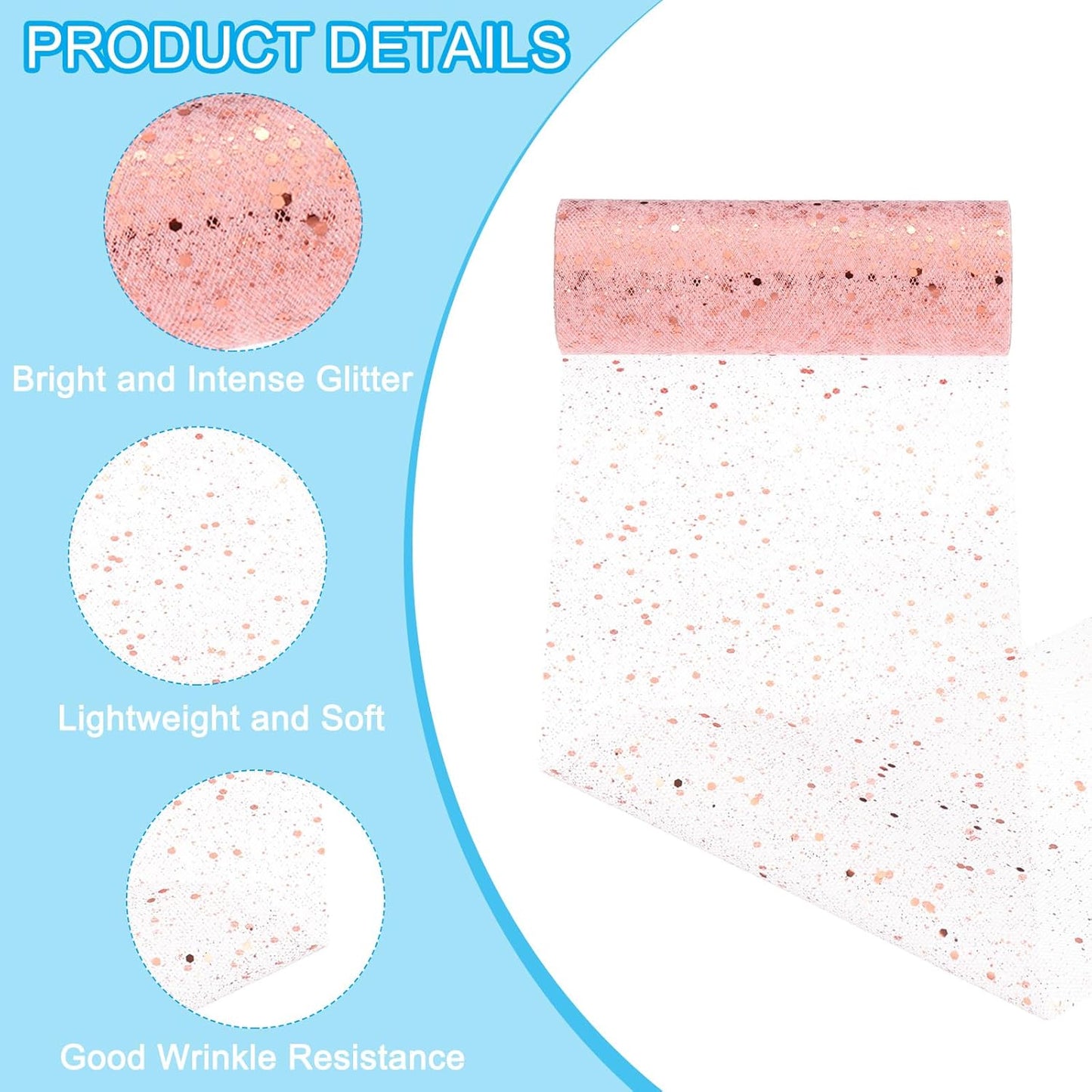 PATIKIL Tulle Fabric Rolls, 6 Inch by 10 Yards Fabric Spool Tulle Sparkling Ribbon Netting Sequin for DIY Tutu Skirts Crafts Wedding Party Decorations, Rose Gold