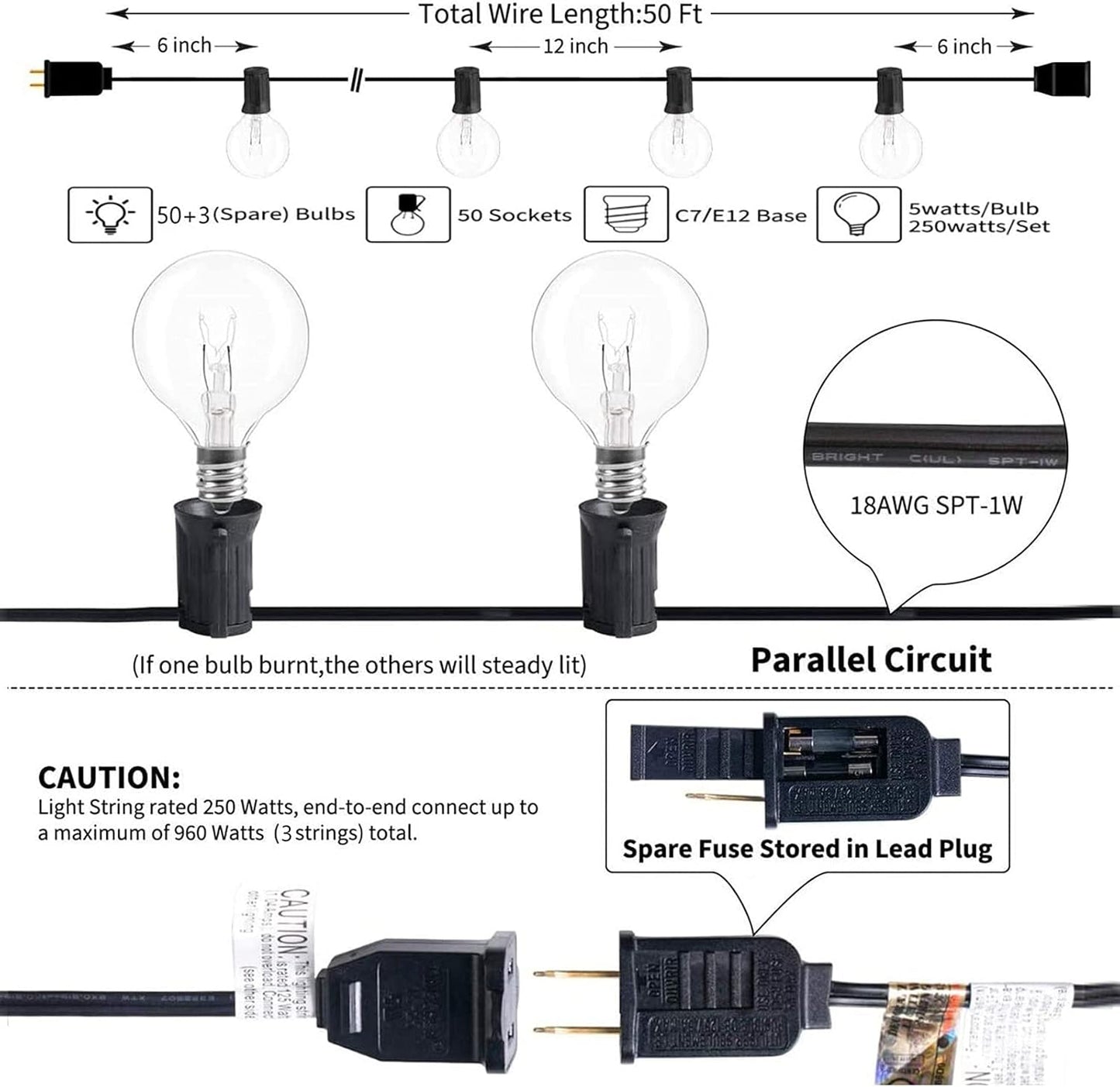 SUNSGNE 50ft Outdoor Globe String Lights G40 Patio String Lights with 53 Bulbs Connectable Commercial Hanging Lights for Christmas Patio House Backyard Balcony Party Wedding Decor, Black