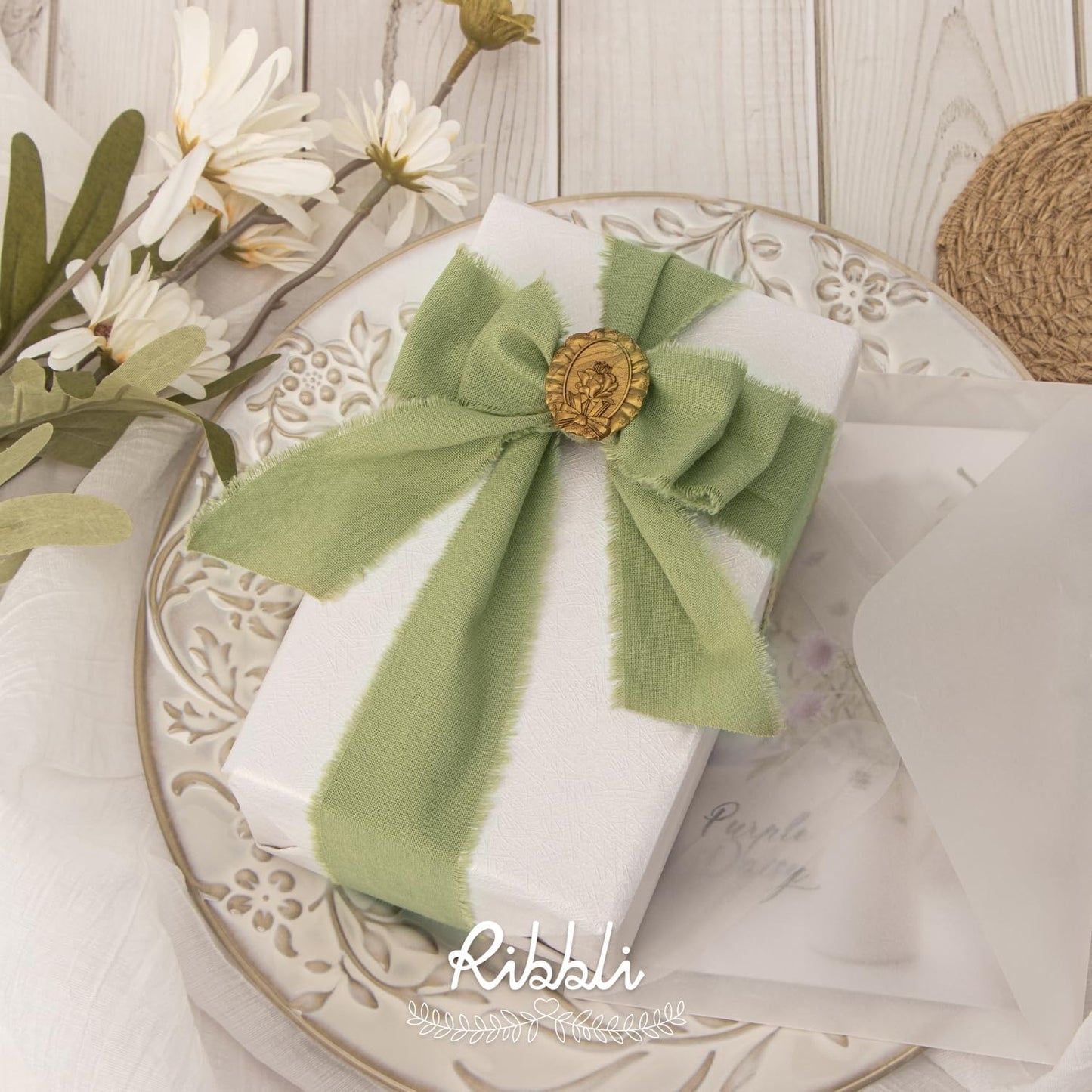 Ribbli 3 Rolls Sage Green Ribbon 1.5 Inch x 18Yards Handmade Cotton Frayed Fringe Ribbons for Gift Wrapping Wedding Invites Bridal Bouquets Baby Shower DIY Crafts Home Decor