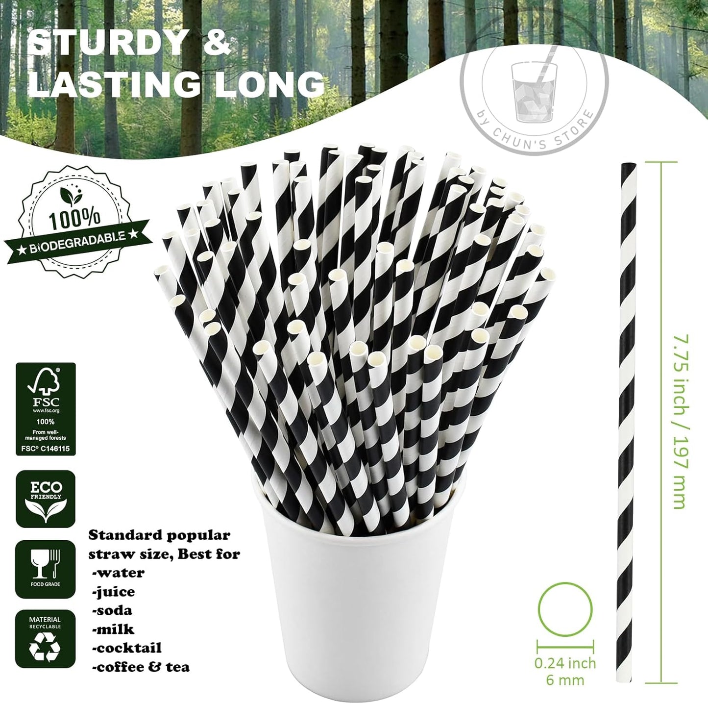 7.75'' Disposable Paper Drinking Straws Bulk, Black and White Striped - Unwrapped, Pack of 1000