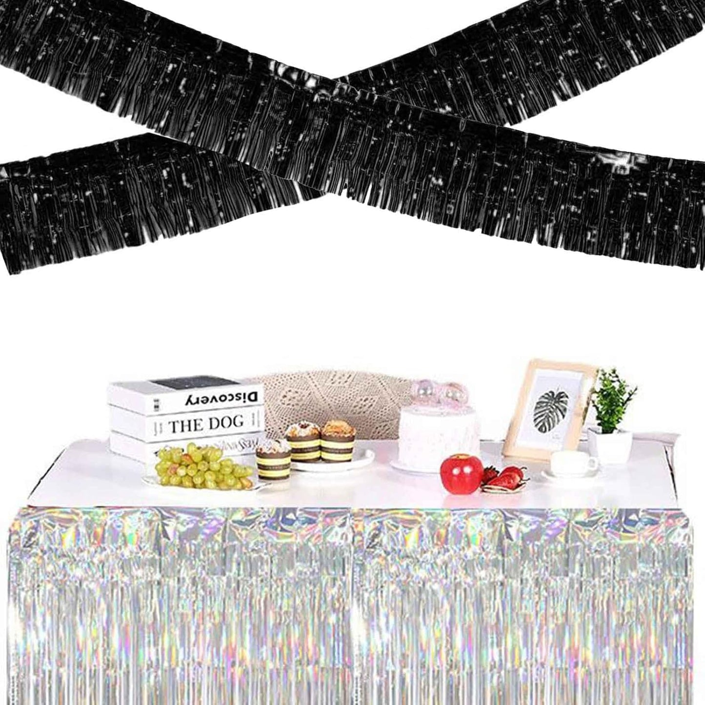 We Moment 6 Pack 10 Feet Black Foil Fringe Garland Streamers Metallic Tinsel Banner Wall Hanging Fringe Curtain Glitter Backdrop Banner for Parade Floats Birthday Bachelorette Black Party Decorations