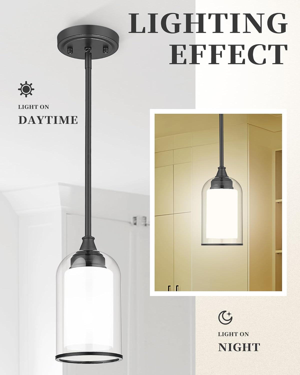 LIROUVET 2 Pack Pendant Lights Kitchen Island, Dual Glass Pendant Lights, Black Hanging Lamp with Clear and Milk Glass, Industrial Pendant Light Fixtures for Dining Room PL02BK-2PK