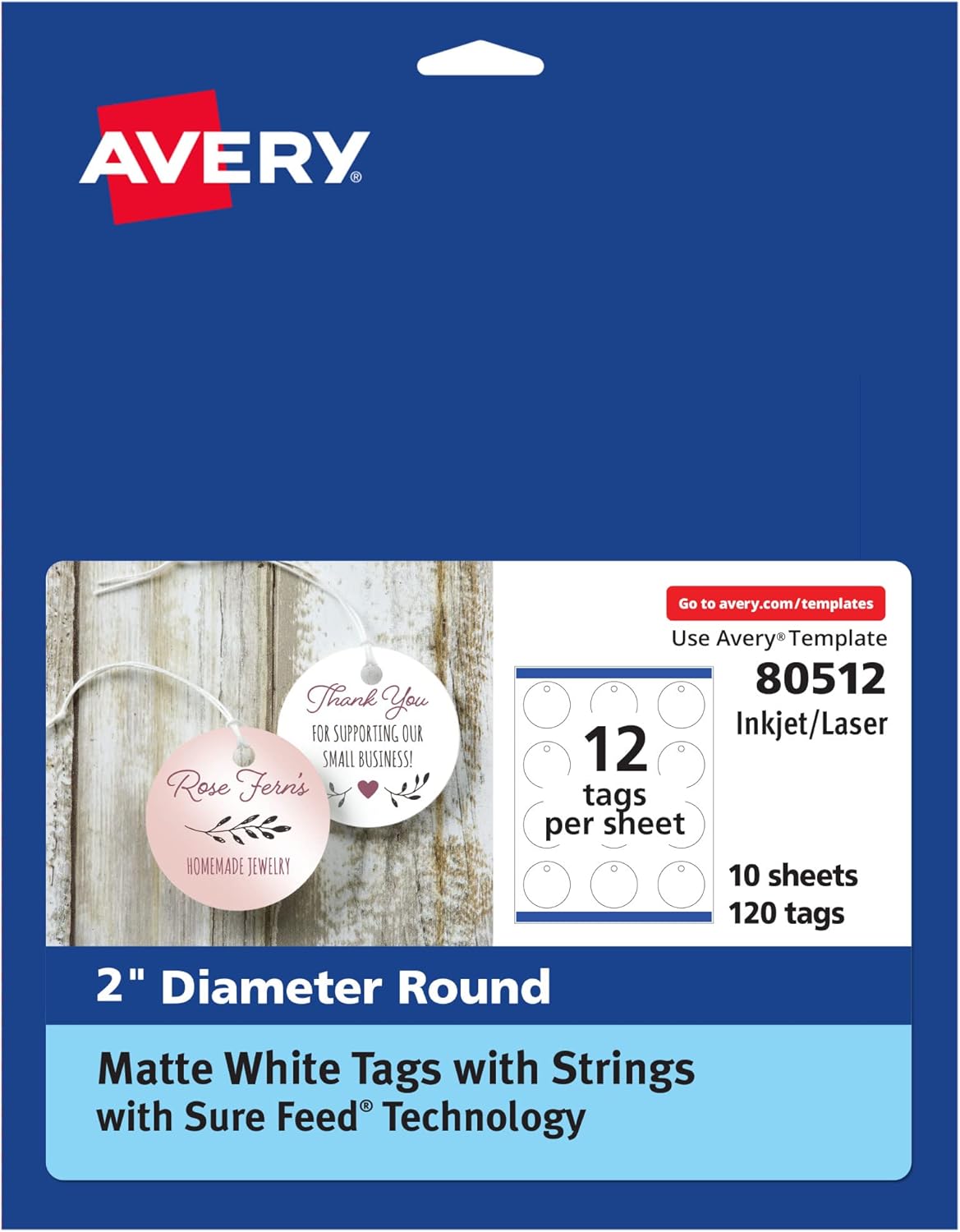 Avery Round Tags, Sure Feed Technology, 2" Diameter, Matte White, Strings Included, 120 Total, Print-to-The-Edge, Laser/Inkjet Printable (80512)