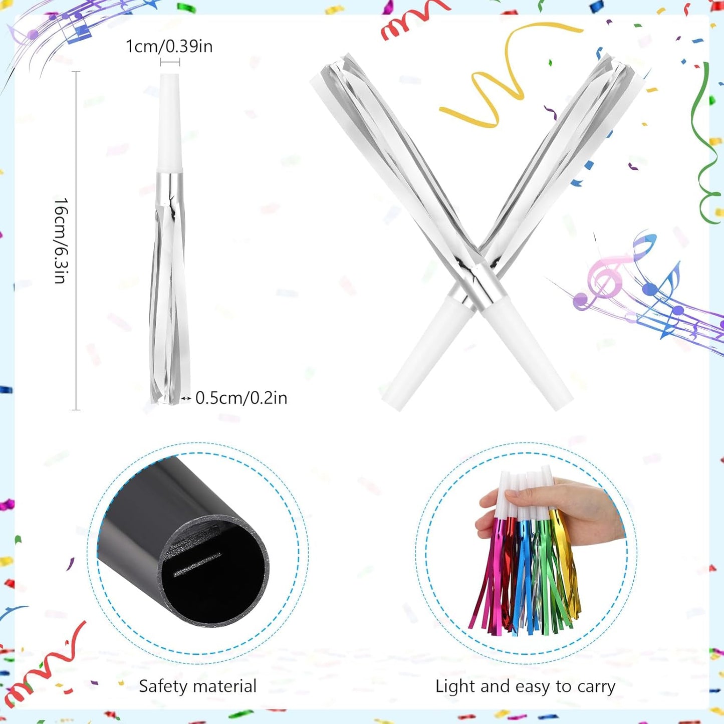 24 Pcs Silver Noise Makers Glitter Metallic Fringed Noise Makers Horns for Baby Shower, Kids Birthday, New Year Party Favor