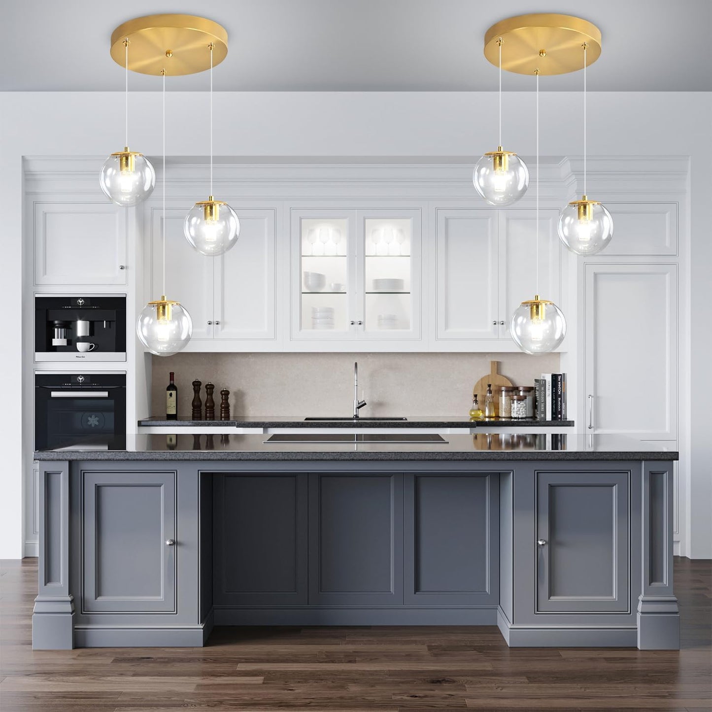 Globe Glass Pendant Light Modern Gold Clear Globe Glass Chandelier Mid Century Chandelier 3-Light Hanging Fixture for Kitchen Island Foyer Hallway Dining Room