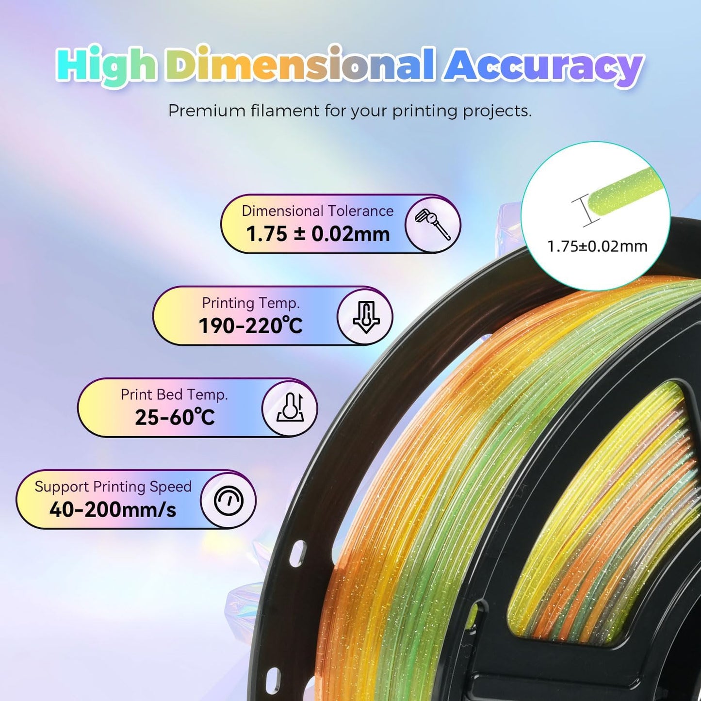 FLASHFORGE Translucent Glitter PLA Crystal Summer Reverie Rainbow Filament, Shiny Sparkling Gradient 3D Printer Filament, Fast Color Change Between Green Yellow Orange Purple, Adjustable Transparency