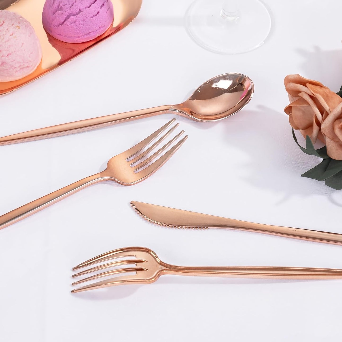 PULOTE 150PCS Rose Gold Plastic Silverware Set - Heavy Duty Rose Gold Utensils - Plastic Cutlery Disposable - Include 50 Forks, 50 Knives, 50 Spoons for Party & Wedding