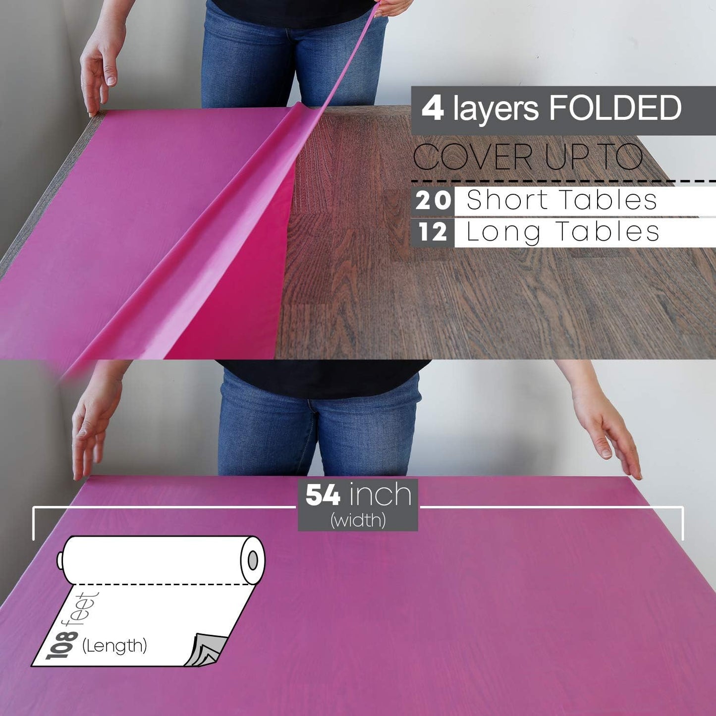 Neatiffy Disposable Plastic Table Cloth Roll | 54 in x 108 Ft Waterproof Tablecloth | Table Cover for Rectangle, Square, Round Oval Tables | Picnic, Party, Banquet, Birthdays, Weddings - Pink