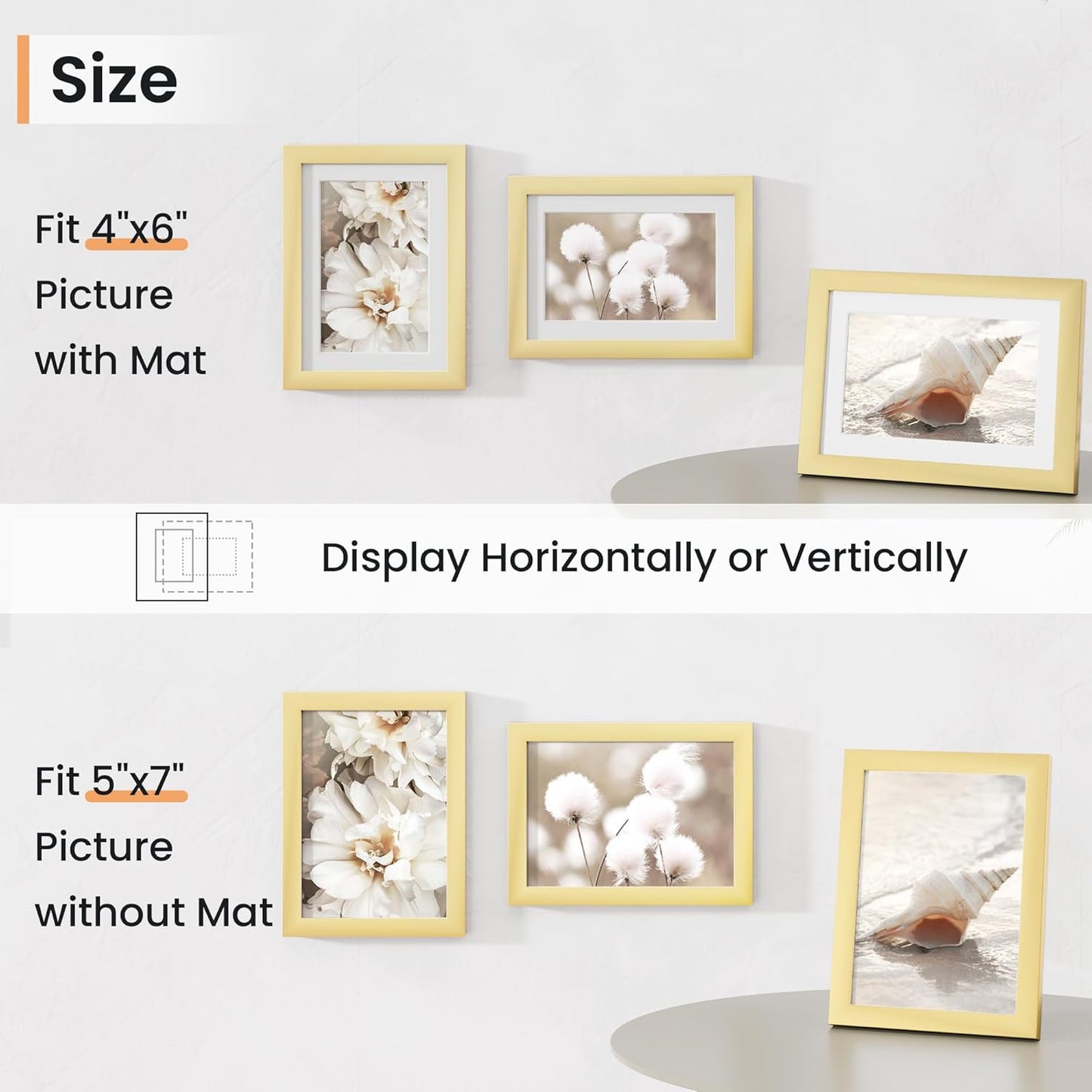 5x7 inch Picture Frame, 5x7 Photo Frames with 4x6 Removable Mat - High Definition Plexiglass - Vertical and Horizontal Display - Wall Hanging Frame - Gold, 5 Pack