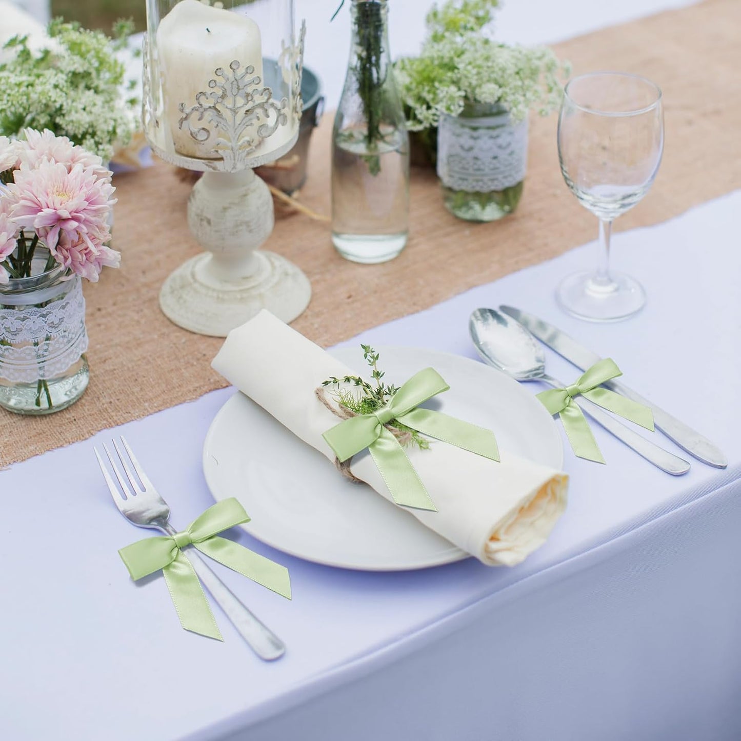 50Pcs Olive Green Twist Tie Bows for Gift Wrapping 2.5" Satin Ribbon Bow for Treat Bags Cake Balloons Birthday Party Favors Wedding Decorations