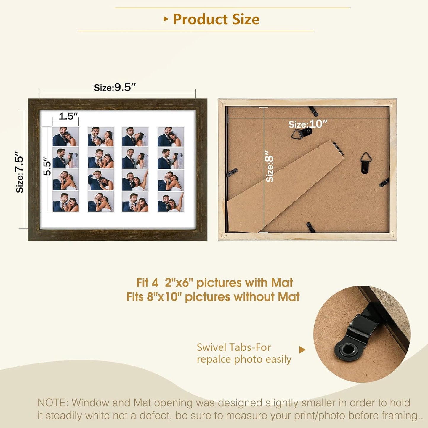 Golden State Art Photo Booth Picture Frame - 8.5x11 Frame with White Mat for 4 2X6 Film Strip Picture Display - Solid Wood with Tempered Glass - Dark Brown (1 Pack)