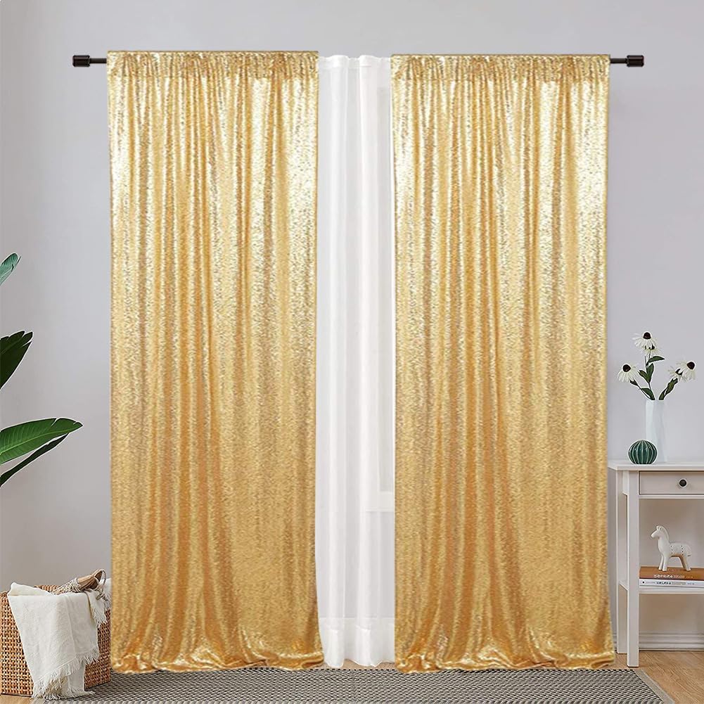 Eternal Beauty Gold Sequin Backdrop Curtains, Shimmer Back Drop 4Panels-2FTx8FT for Christmas, Party, Birthday, Photography, Wedding, Baby Shower Event Decoration