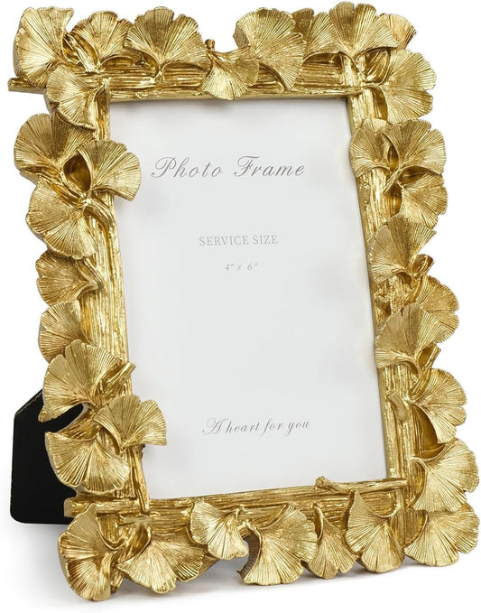 Cuspin Gold Picture Frame 4x6 Vintage Gold Frames, Ornate Leaf Textured Hand-Crafted Resin with Glass Front Antique Photo Frame for Tabletop Display, Retro Design Home Decor