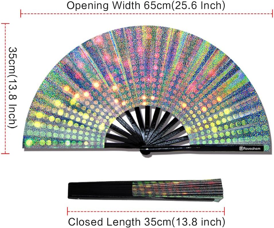 Large Rave Fan, Clack Folding Hand Fan with Premium Fabric, Thick Bamboo Frame for Men Women Gift for EDM, Festival, Club, Party, Dance, Decoration (Lridescent Light, 13")