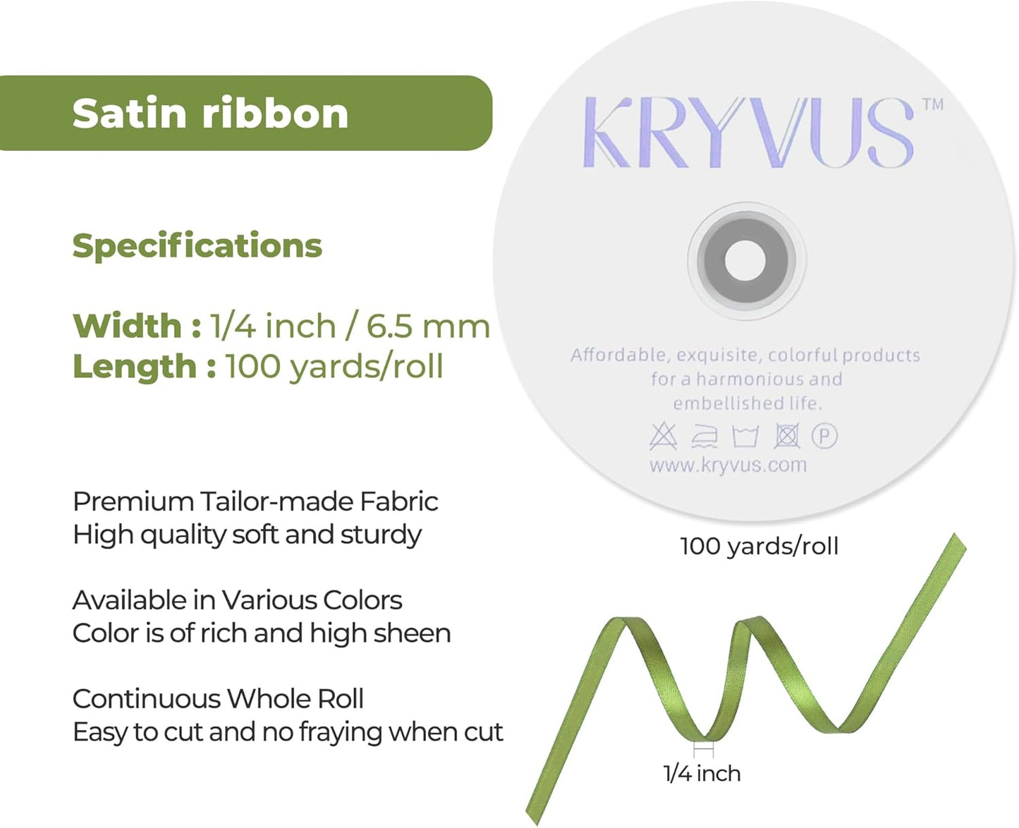 Olive Green Satin Ribbon 1/4 inch X Continuous 100 Yards, Single Face Polyester Ribbon Perfect for Gift Wrapping, Flower Bouquet, Wedding Decor, Crafts, Bow Making, Sewing and More