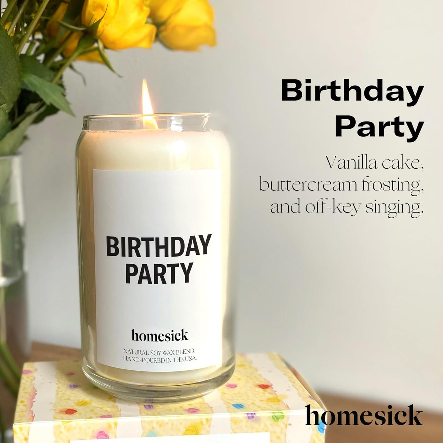 Homesick Scented Candles for Home (Birthday Party) - 13.75 oz Long-Lasting Natural Soy Wax Blend Jar Candle Gifts for Women & Men, 60-80 Hours Burn Time - Notes of Butter, Cream & Vanilla