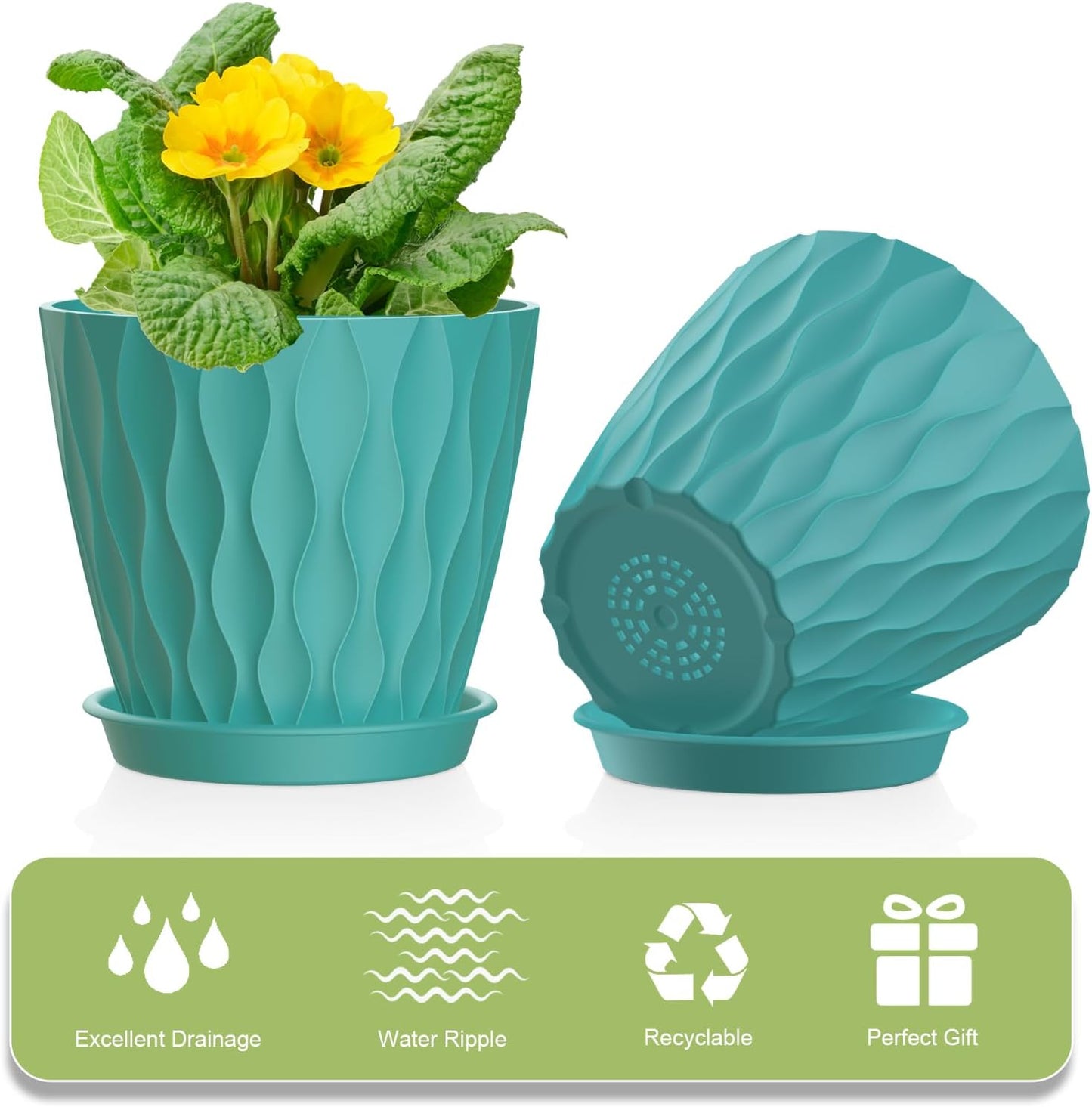 6 Pack 4 Inch Small Plant Pots with Saucers, Waffle Texture Plastic Planters with Drainage Holes for Indoor and Outdoor Plants, Flowers, Herbs, Succulents, and Seedlings, Blue