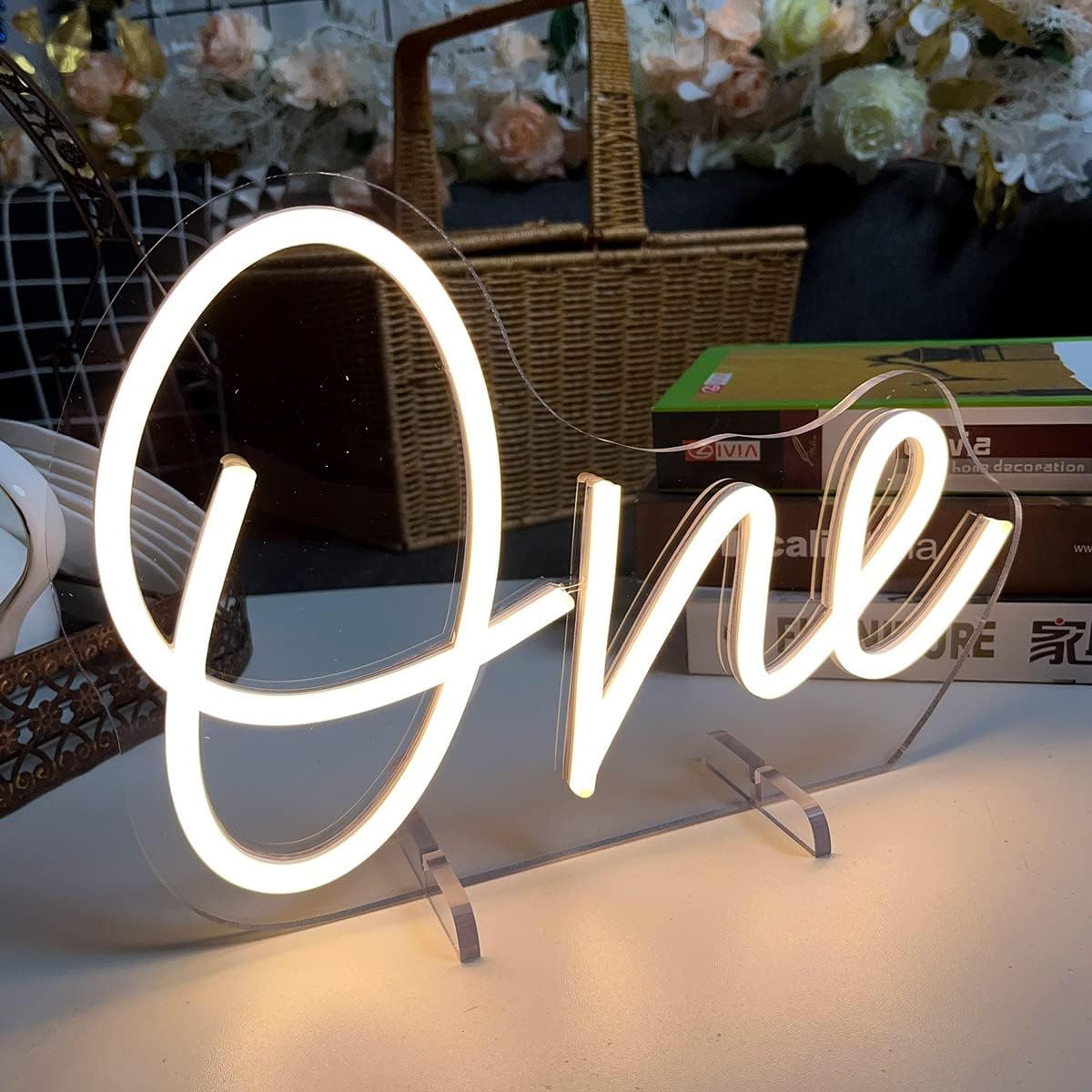 One Year Old Birthday Table Number Neon Sign Desk Lamp Night Light Wedding Letter LED Neon Sign Wedding Table Decorations Neon Light Bedroom Home Room Decor Christmas Party Warm White USB 28.8×19.6CM