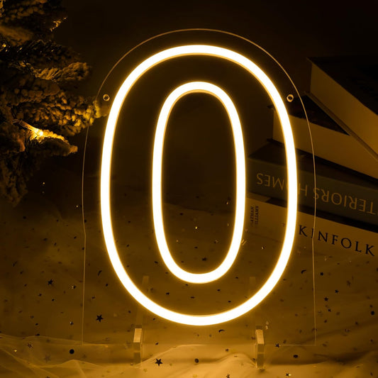 Number 0 LED Neon Sign Backdrop Birthday Party Decoration, 11.3" Height Warm White Marquee Number Zero Light Up Sign for Wedding Anniversary Window Wall Table, Indoor Battery Operated or USB