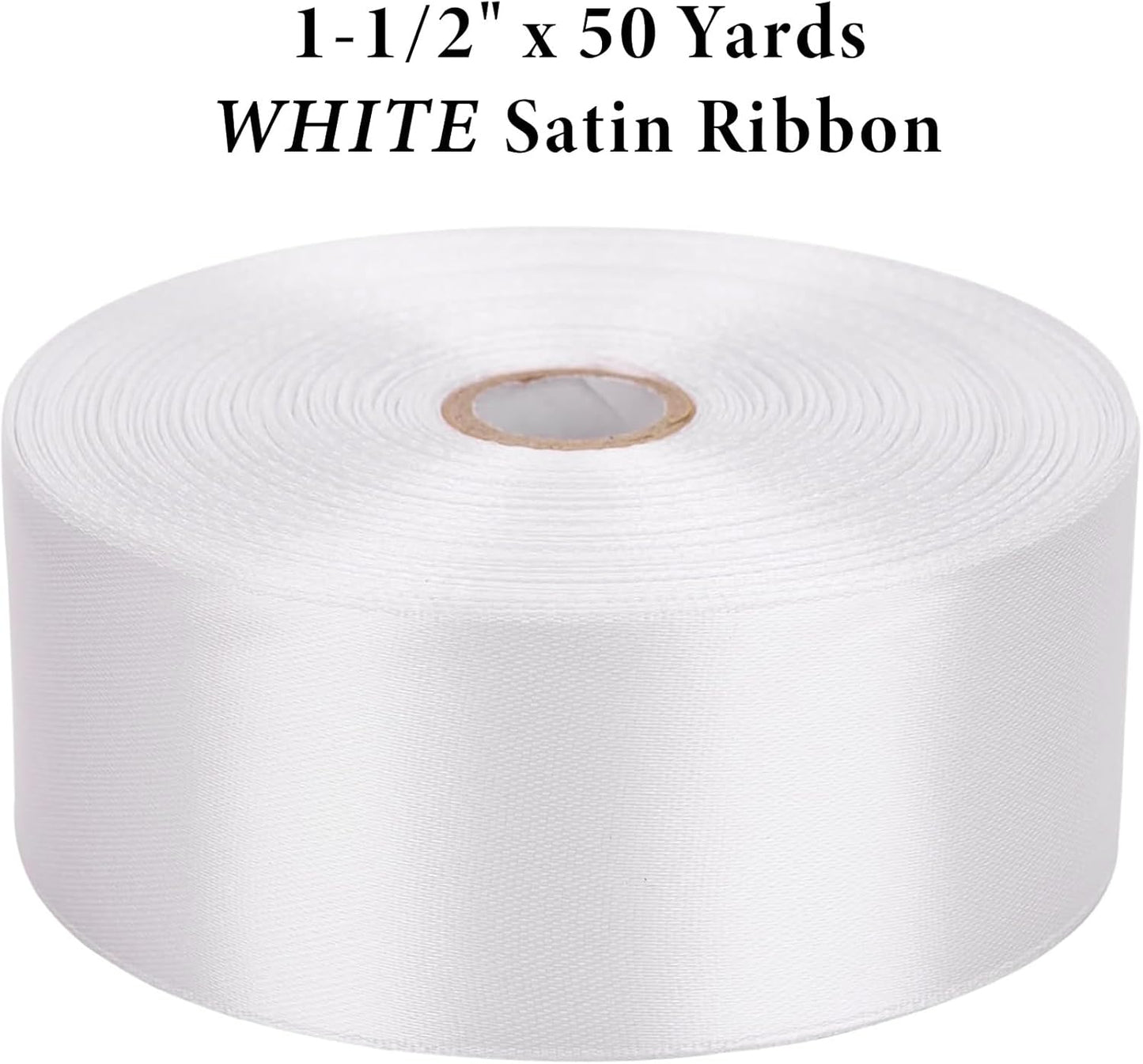 1-1/2" x 50 Yards White Satin Ribbon Single Faced Fabric Ribbons for Gift Wrapping, Crafting, Floral Arrangements, Flower Bouquet, Wedding, Home Decor