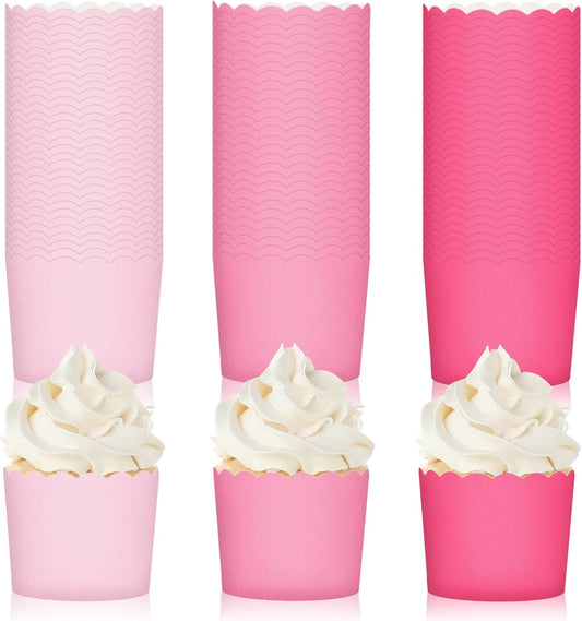 Whaline 120Pcs Pink Paper Baking Cups Scalloped Edge Cupcake Wrappers Gradient Pink Cupcake Muffin Cases for Valentine Wedding Birthday Baby Shower, 3 Colors
