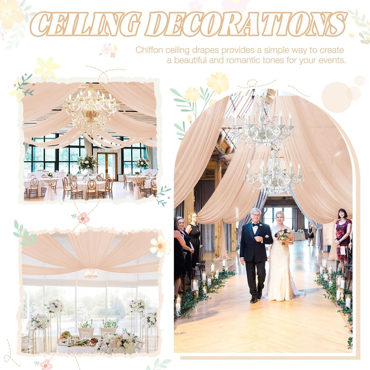 FUHSY Ceiling Drapes for Weddings 4 Panels 5x20 FT Champagne Chiffon Fabric Drape Sheer Backdrop Curtains for Bridal Wedding Arch Draping Fabric Tent Ceiling Curtains Hanging Kit for Bedroom Canopy