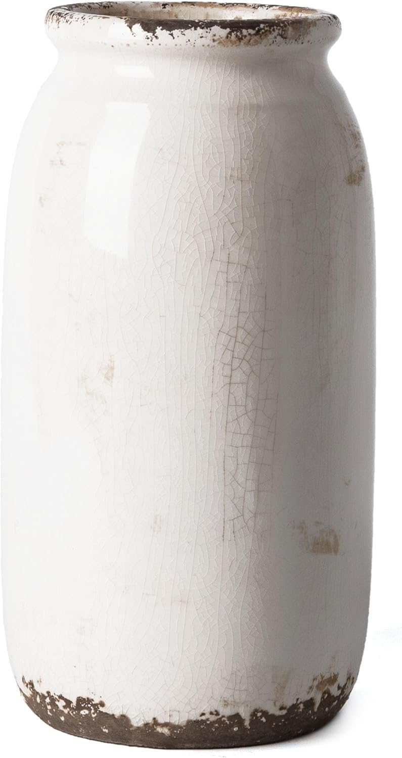 VICTOR & TERESA Rustic Large White Vase for Home Decor, 10'' Tall Ceramic Vases for Flowers, Farmhouse Decorative Vases for Pampas Grass, Table, Mantel, Living Room, Centerpieces