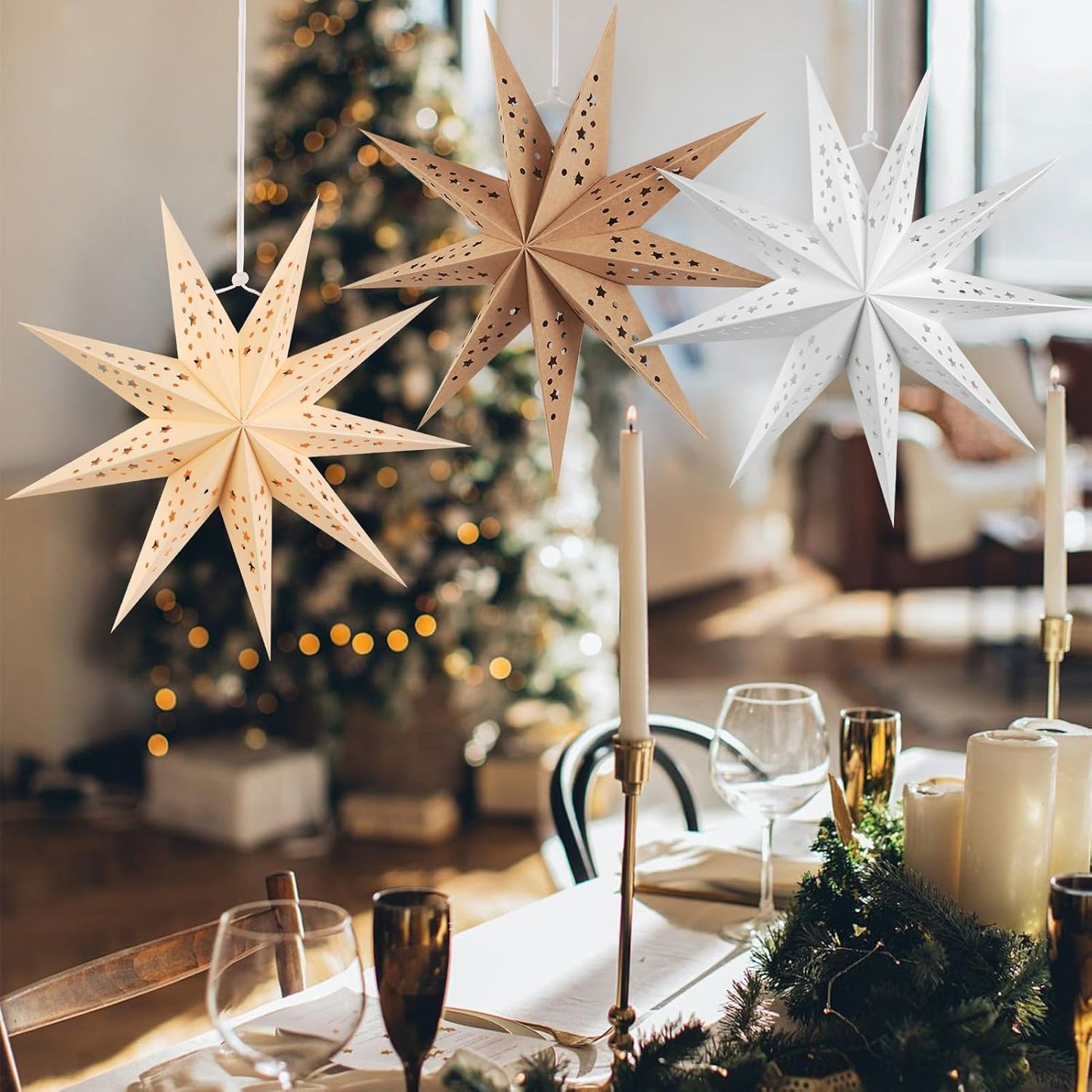 EASY JOY 5pcs 9-Pointed Paper Star Decoration Christmas Party Decorations Hanging Star Decoration Grey Brown Black 12 Inch 3D Paper Star Lantern for Christmas Home Party Wedding Birthday