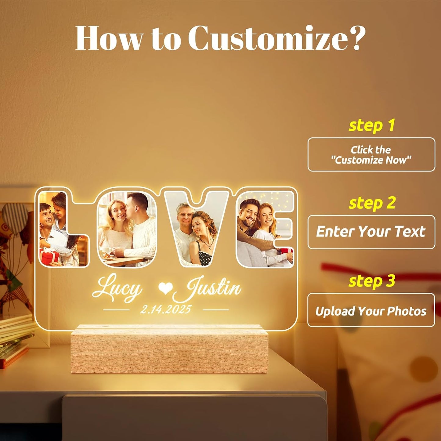 Custom Picture Frames with Photos, Personalized Photo Frame with Night Light, Customized Picture Frame, Personalized Anniversary Wedding Gifts for Women Men Her Him Boyfriend Girlfriend Couples