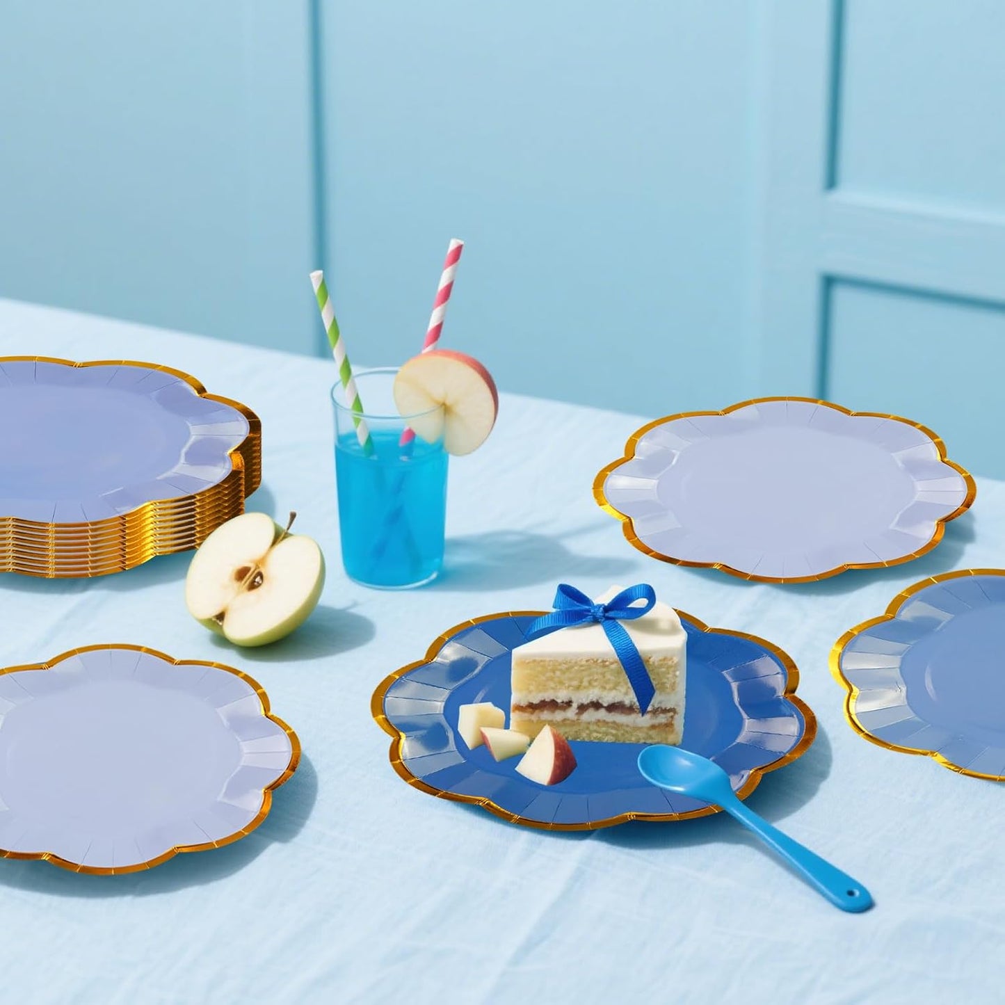 48Pcs Light Blue Scalloped Party Plates - 7inch Gold Foil Gradient Blue Dessert Paper Plate Disposable Cake Plates for Birthday Bridal Baby Shower Wedding Party Decorative Supplies
