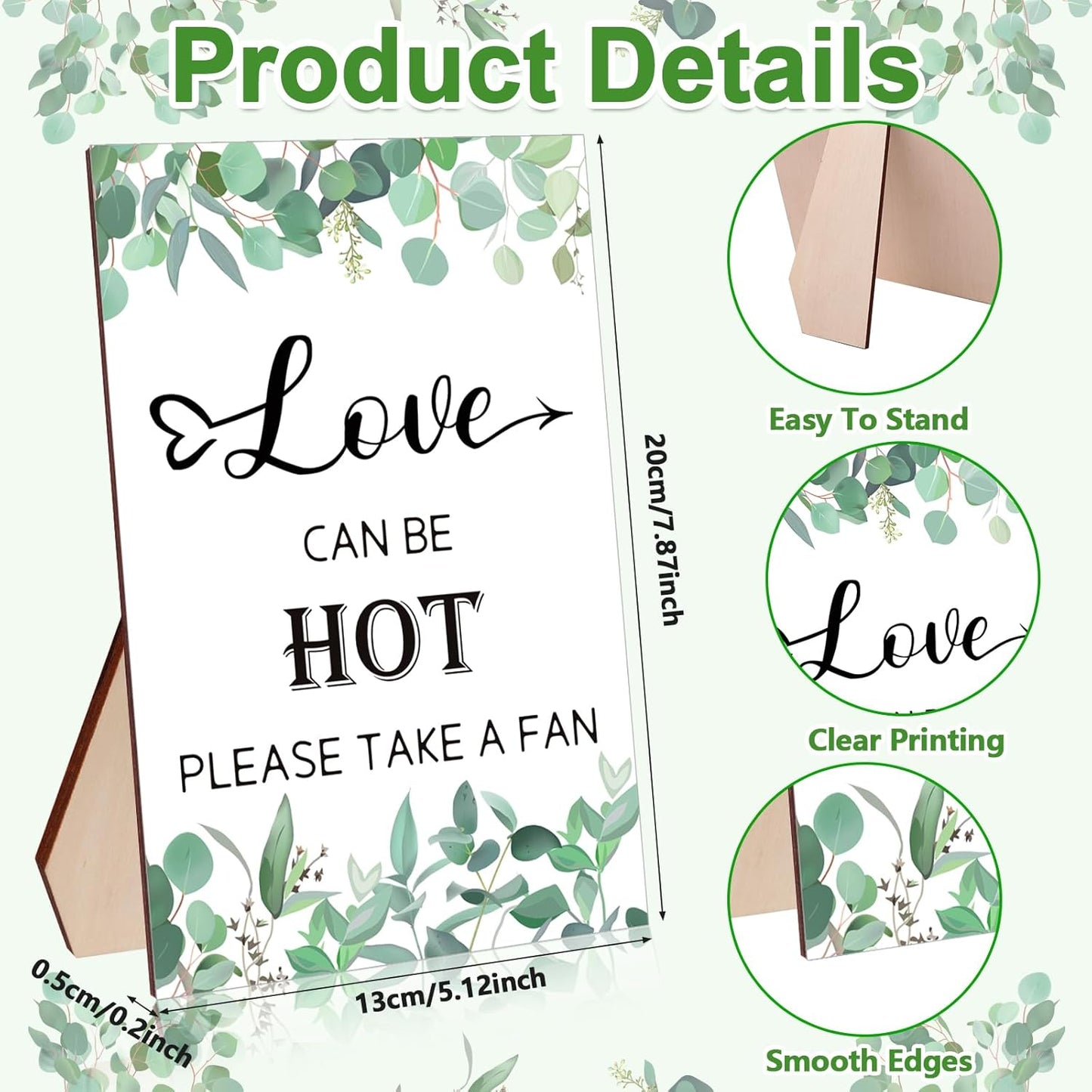 60Pcs Wedding Fan Gifts for Guests Greenery Handheld Fan with 1 Wedding Table Sign, Greenery Wedding Favors Thank You Fans for Guests Hostess Gifts Plastic Handheld Heart Shape Fan Green Leaf Pattern