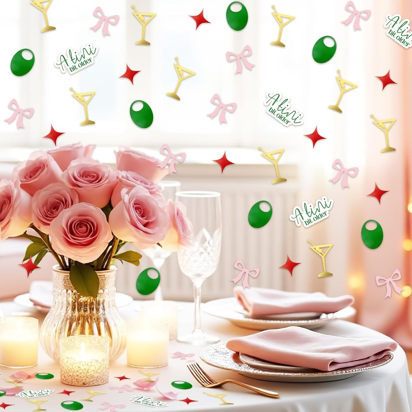 250Pcs A Tini Bit Older Party Decoration Martini Olive Bow Table Confetti 5 Designs Paper Scatter Sprinkle Confetti for Birthday Bach Party Cocktail Decor