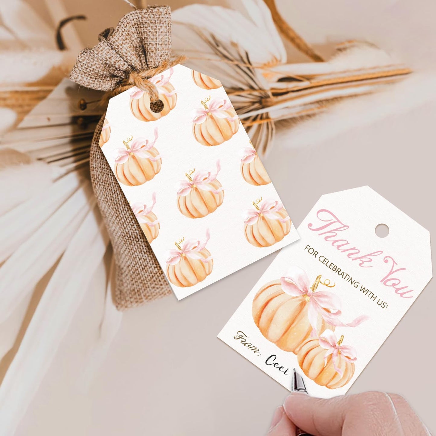 50pcs Little Pumpkin Thank You Tags, Pink Bow Fall Theme Favor Tags for Girl Coquette Baby Shower and Birthday Party Gift Wrapping Decoration (Pink Bow)