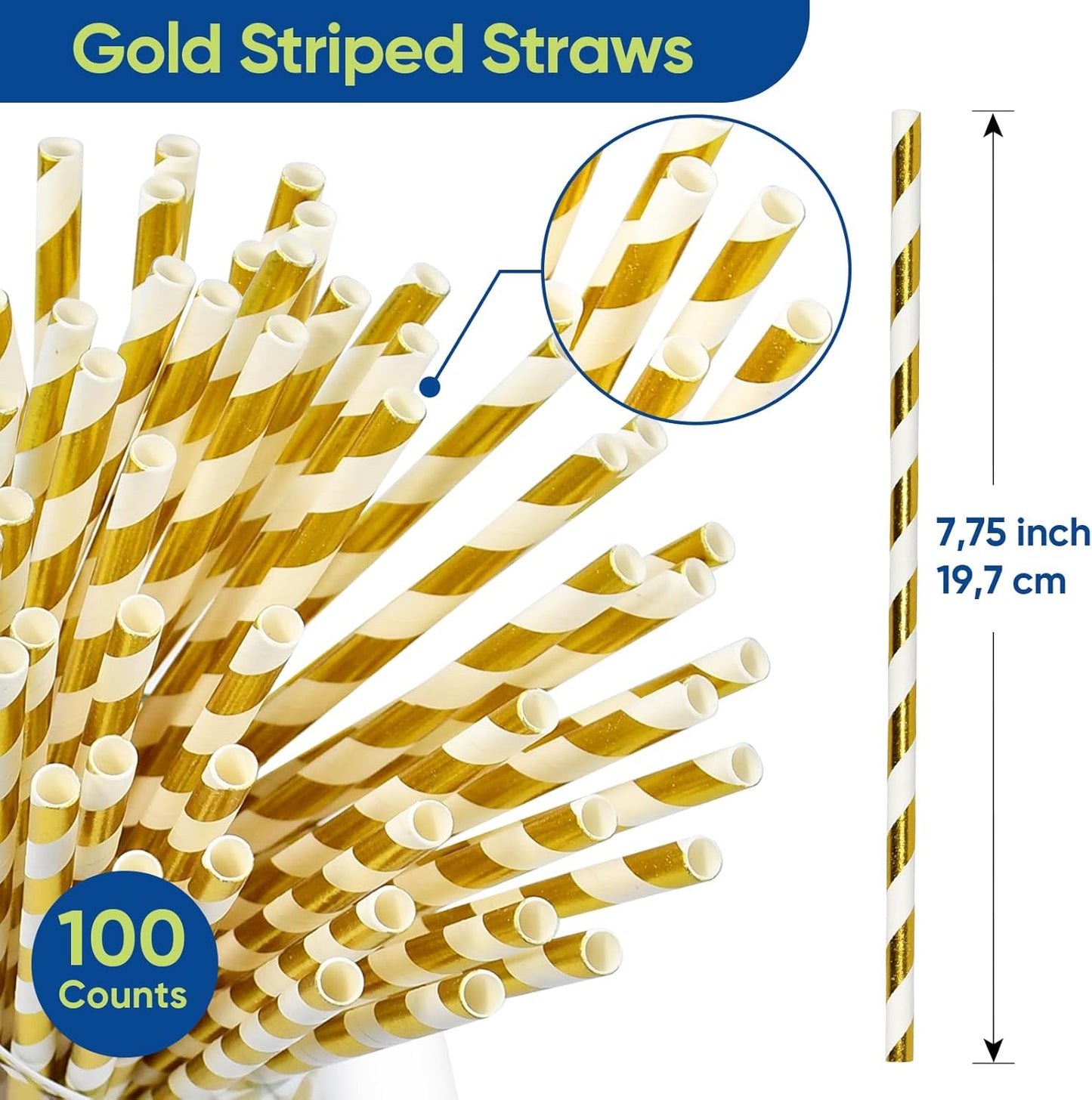 7.75 inch Gold/White Striped Paper Straws for Drinking 100 Counts for Bar, Restaurant, Wedding, Party - Unwrapped
