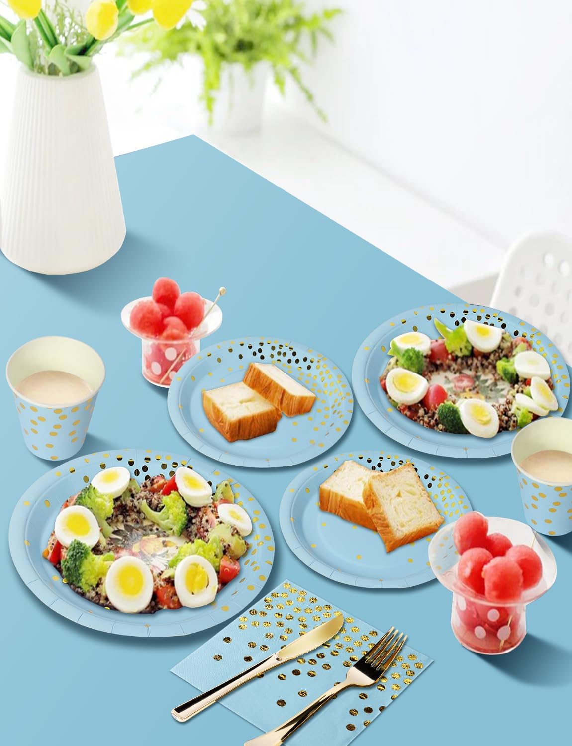 141 Pieces Light Blue and Gold Party Supplies, Party Dinnerware Sets Include Paper Plates Napkins Cups Silverware, for Wedding Bridal Shower Engagement Birthday Parties Decoration -20 Serves