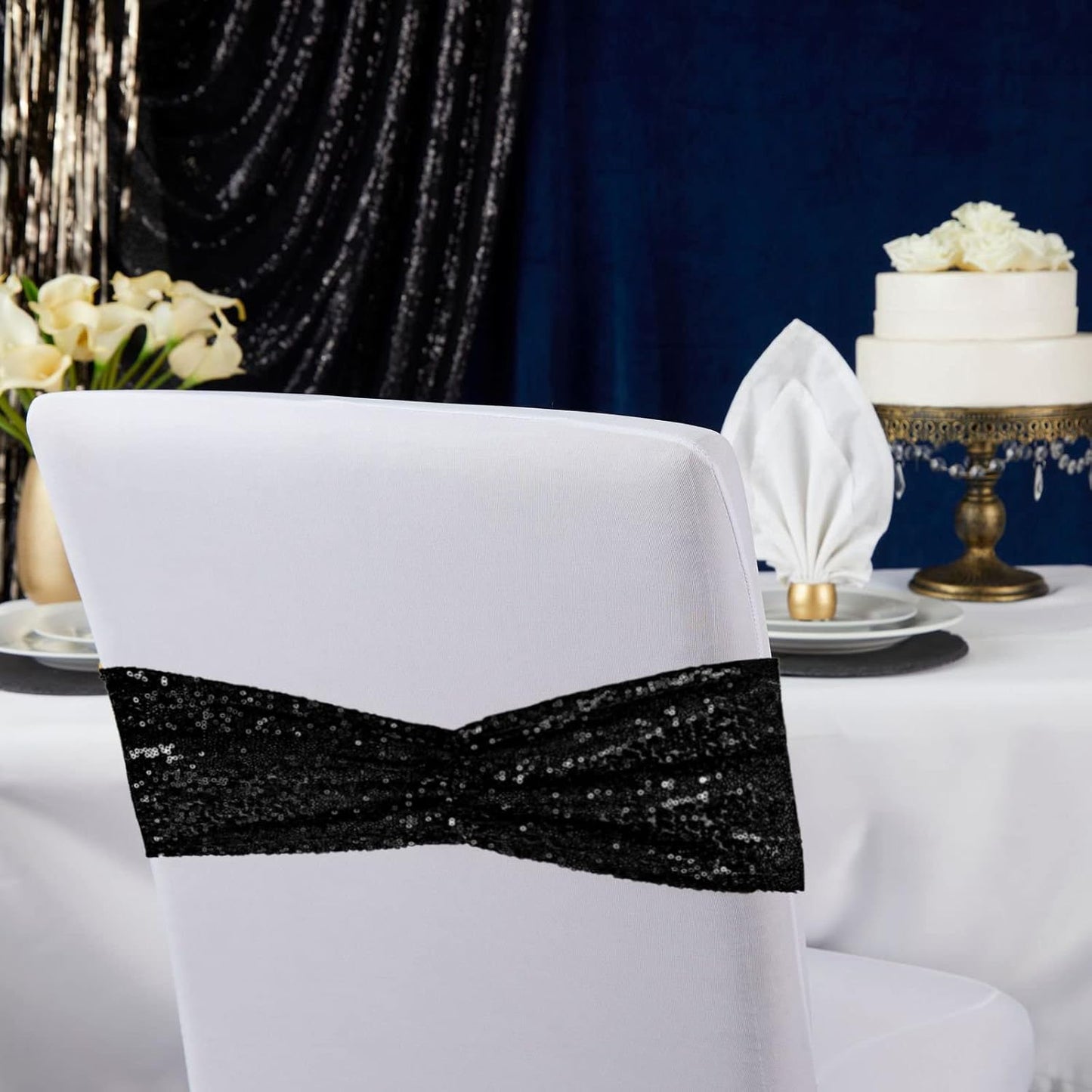SquarePie Pack of 100 Chair Sashes Sparkly Black Sequin Bands for Wedding Party Banquet Home Decor