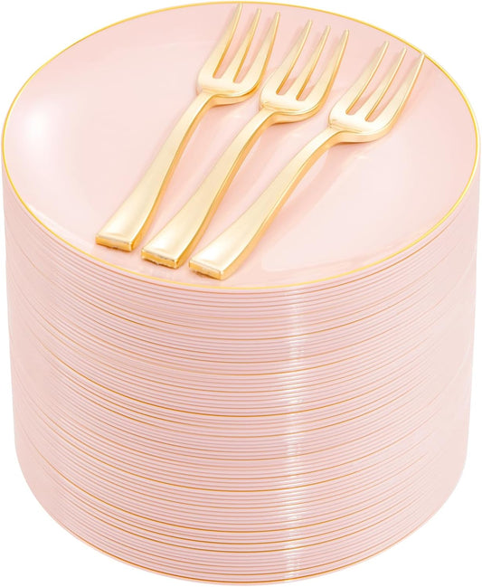 Festiva 200Pcs Pink Gold Cake Plates 6.3" with Forks 5"- Disposable Salad Plates-Pink Dessert Plates-Appetizer Plastic Plates - include 100Plates 100Forks for Party&Wedding&Easter&Mother's Day