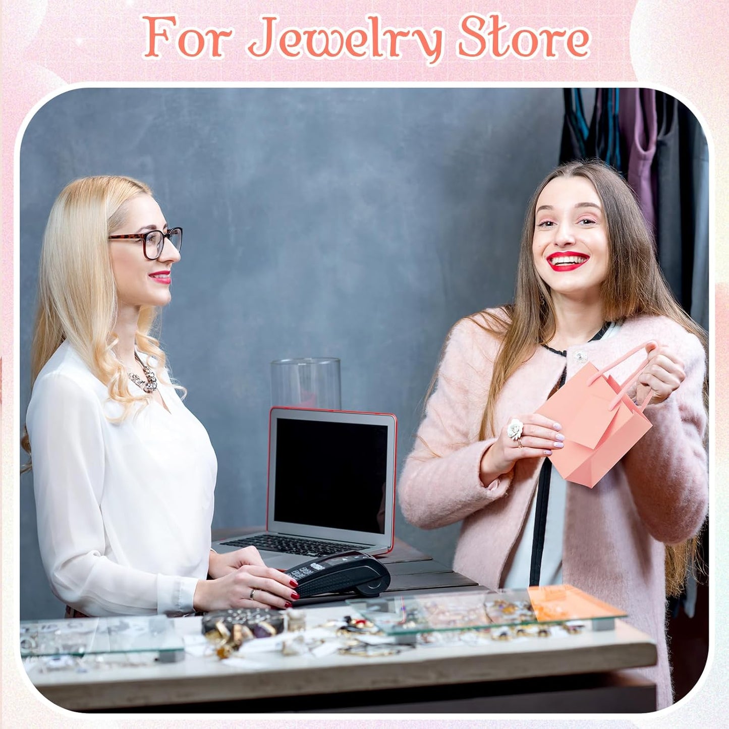 Sherr 100 Pack Mini Gift Bags Bulk, 4 x 2.75 x 4.5 Inches Paper Bags with Tags, Extra Small Paper Gift Boxes with Handles for Birthday, Party Favors, Weddings, Small Business(Pink)