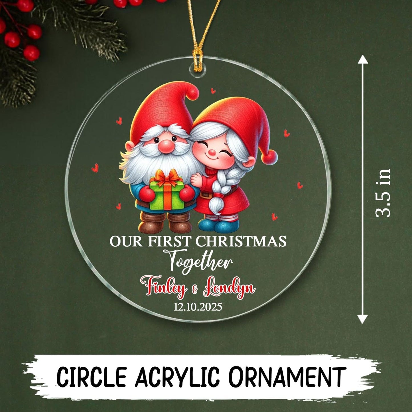 Personalized Our First Christmas Together Ornaments, 1st Christmas Together Ornament Gift for Mr & Mrs Newlyweds Bride & Groom, Customized Date & Names Couple Engaged Gnome Ornament for Anniversary
