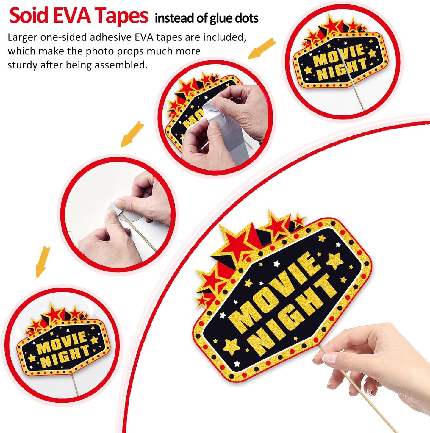 34pcs Hollywood Themed Movie Night Party Photo Booth Props, Hollywood Selfie Frame with Party Photo Props, Red Carpet Cutouts Cards Table Toppers Theme Decor Movie Night Party Supplies