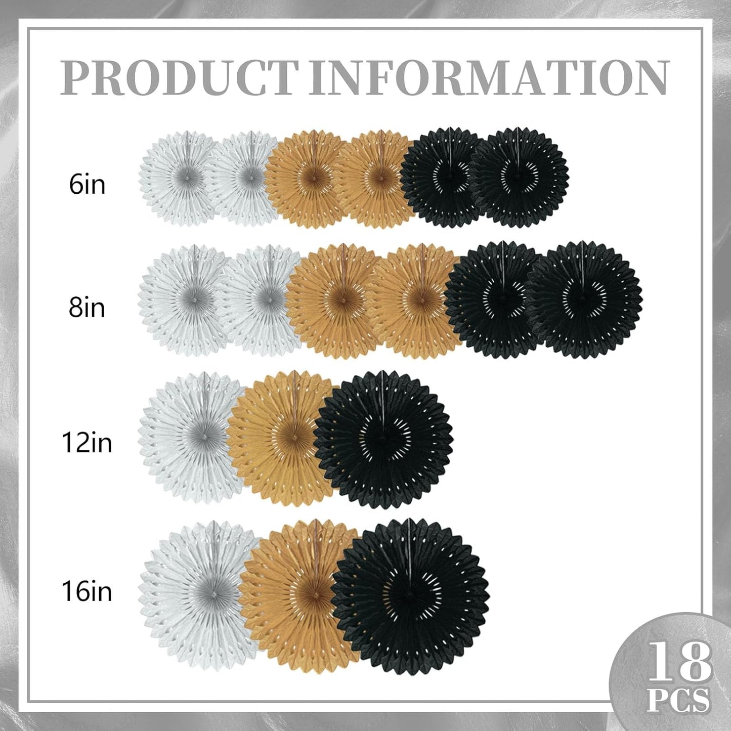 18 Pcs Black Gary Gold Hanging Paper Fan, Hanging Honeycomb Round Paper Fans for Weddings, Birthdays, Christmas, Baby Showers, Classroom, Events Ceiling Party Supplies Decorations