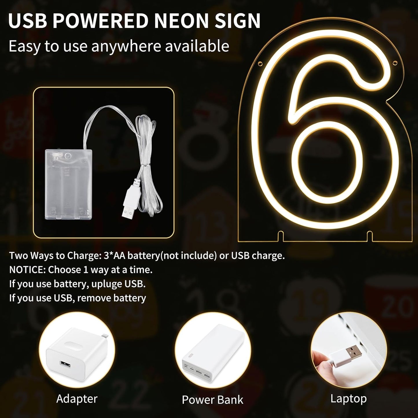 Number 6 LED Neon Sign Backdrop Birthday Party Decoration, 11.3" 11.3" Height Warm White Marquee Six Numbers Light Up Sign for Wedding Anniversary Window Wall Table, Indoor Battery Operated or USB