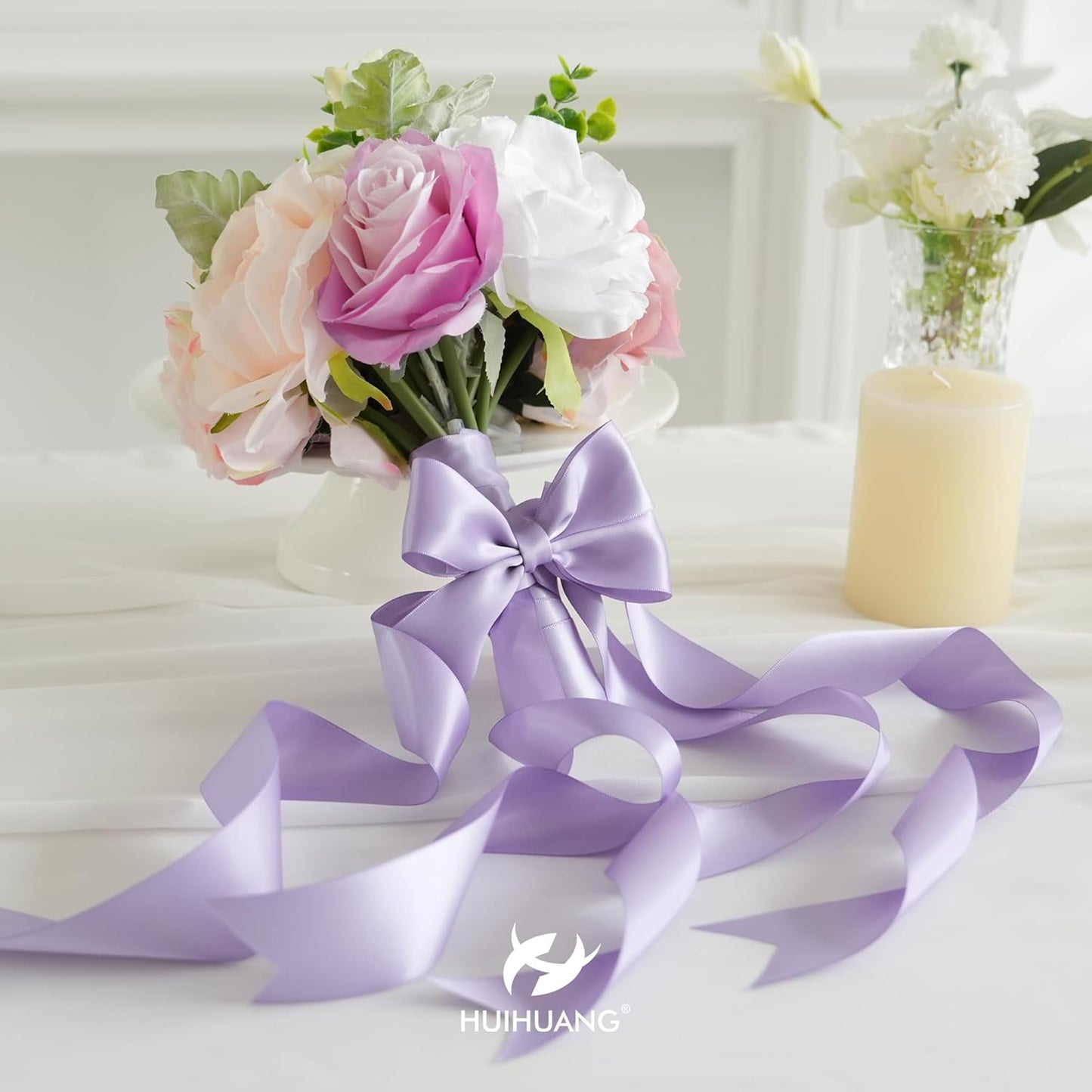 HUIHUANG Purple Satin Ribbon 1-1/2 inch x 50 Yards Lavender Purple Ribbon Double-Faced Satin Ribbon for Gift Wrapping, Bows, Flower Bouquet, Eternal Roses, Crafts, Wedding Holiday Party Decor