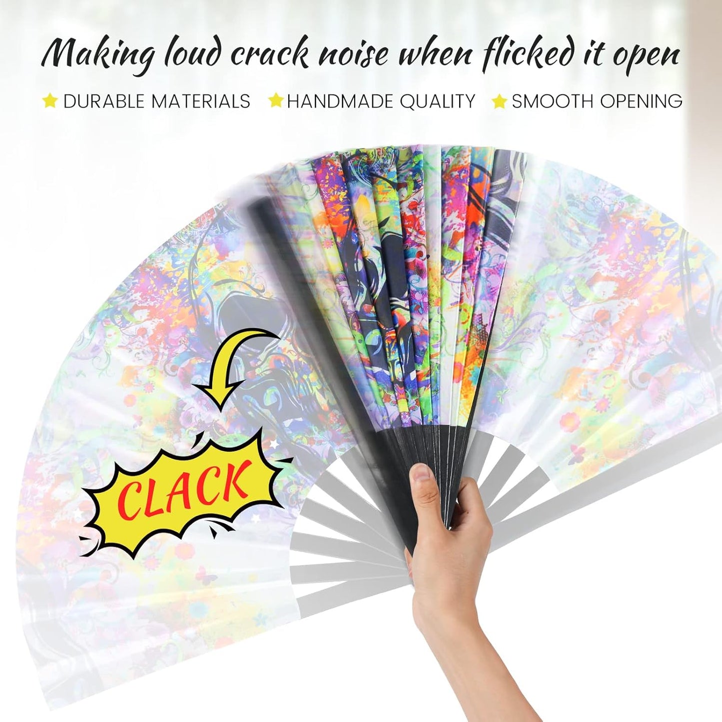 SYNTECSO Folding Hand Fan for Rave, UV Glow Fan, Large Bamboo Fan for Drag Queen, Women and Men Gift，Chinese Japanese Clack Fan for Parties, Music Festivals, EDM and Decoration