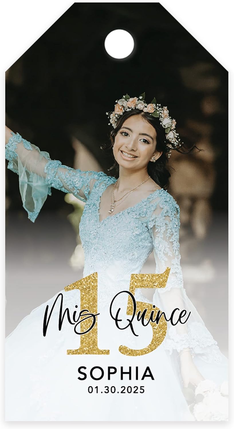 Andaz Press 40-Pack Personalized Quinceañera Favor Tags with String, Classic Gift Tags Mis Quince with Custom Photo for Quince Años, XV, 15th Birthday, Favor Gifts, Quinceanera Decorations