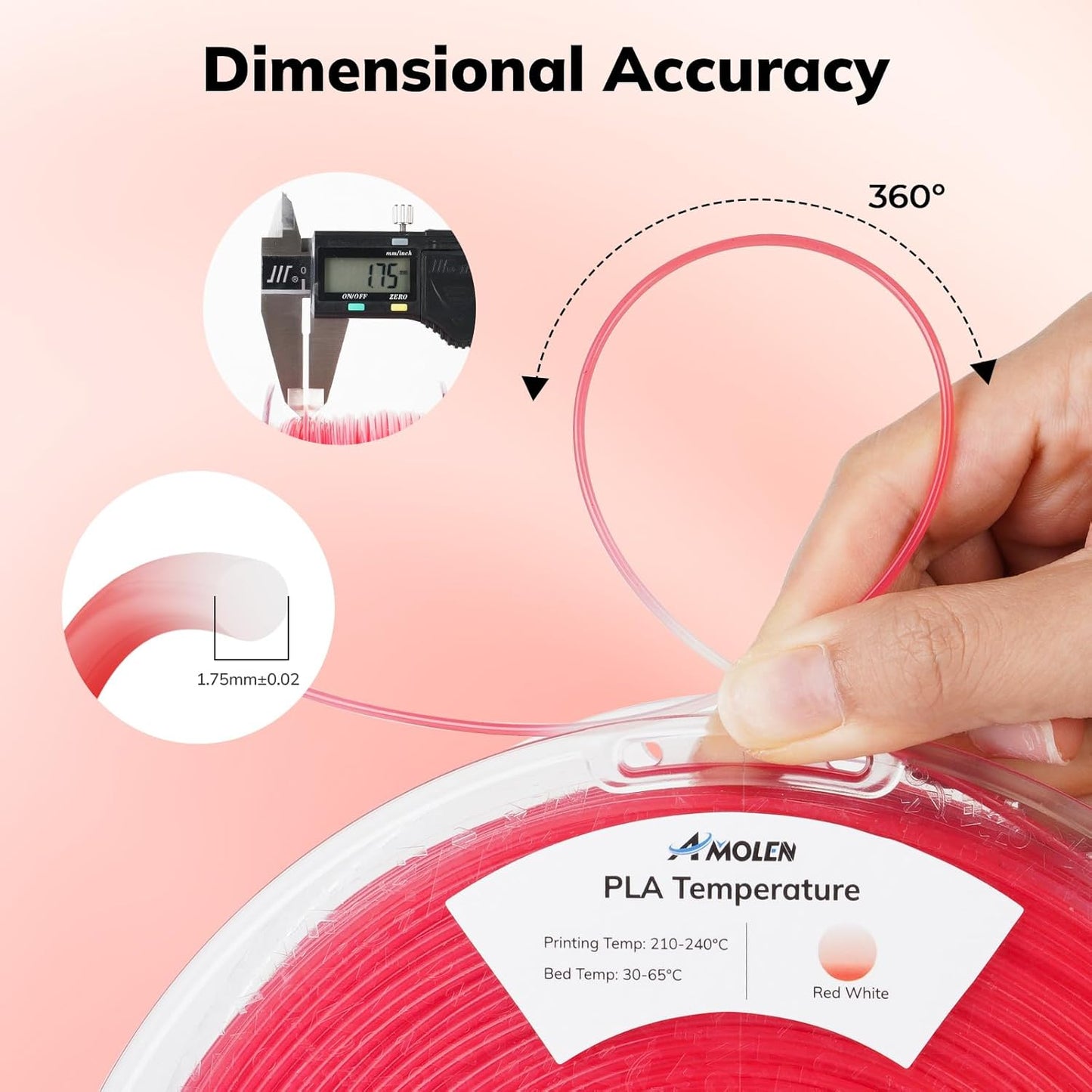 AMOLEN 3D Printer Filament, Temp Change Red to White PLA Filament 1.75mm, Cold & Heat Temp Color Change with Temperature Filament, Dimensional Accuracy +/- 0.02 mm, 1KG/2.2lb, Fits Most FDM Printers